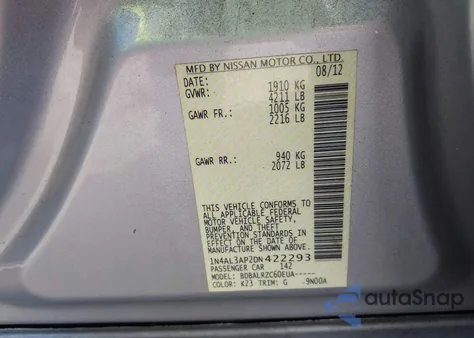 2013 Nissan Altima 2.5 S from USA, damaged, VIN 1N4AL3AP2DN422293
